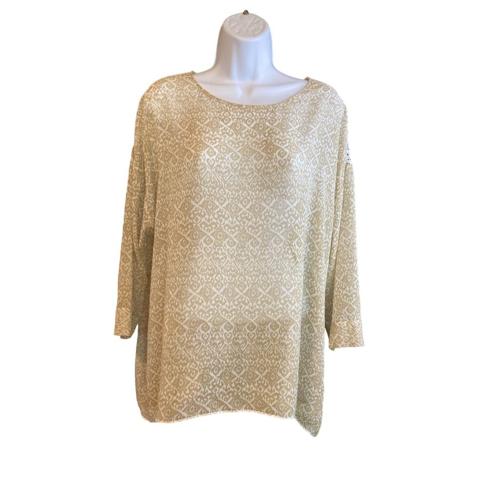 Chicos Blouse Womens Size 2 Large Tan Lace Shoulders Back 3/4 Sleeve Lagenlook